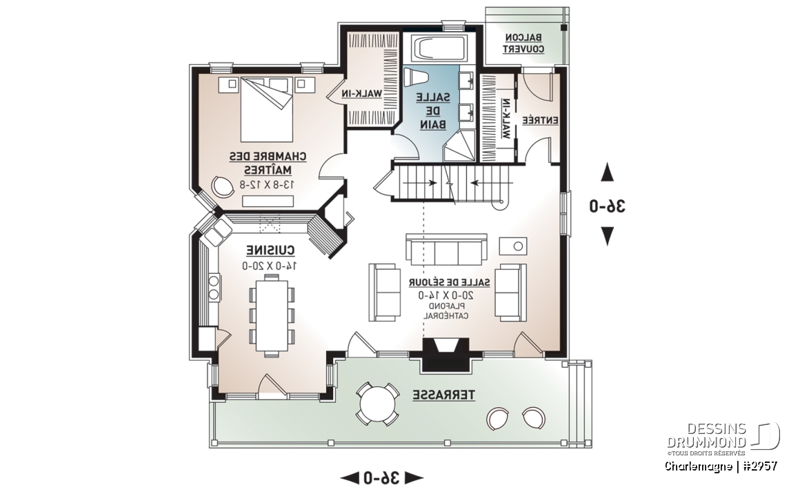 Rez-de-chaussée - Modèle de chalet rustique, 3 chambres, foyer, mezzanine, aire ouverte, vestibule avec grande garde-robe - Charlemagne