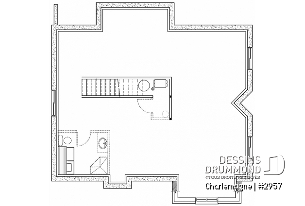 Sous-sol aménageable - Plan de chalet rustique, 3 chambres, foyer, mezzanine, plancher aire ouverte, vestibule avec grande garde-robe - Charlemagne