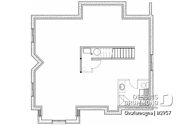 Sous-sol aménageable - Plan de chalet rustique, 3 chambres, foyer, mezzanine, plancher aire ouverte, vestibule avec grande garde-robe - Charlemagne