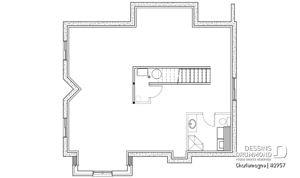 Sous-sol aménageable - Modèle de chalet rustique, 3 chambres, foyer, mezzanine, aire ouverte, vestibule avec grande garde-robe - Charlemagne
