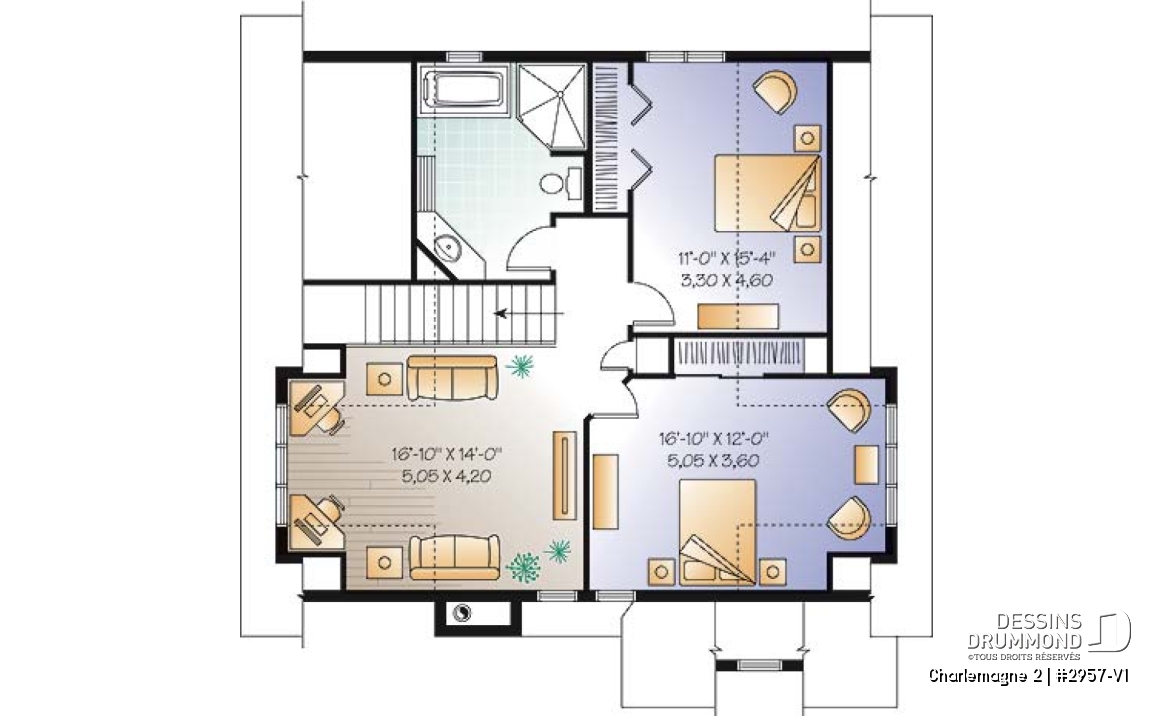 Étage - Plan de chalet avec grande terrasse, 3 à 4 chambres, espace ouvert, foyer, style chalet bord de l'eau - Charlemagne 2