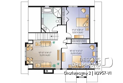 Étage - Plan de chalet avec grande terrasse, 3 à 4 chambres, espace ouvert, foyer, style chalet bord de l'eau - Charlemagne 2