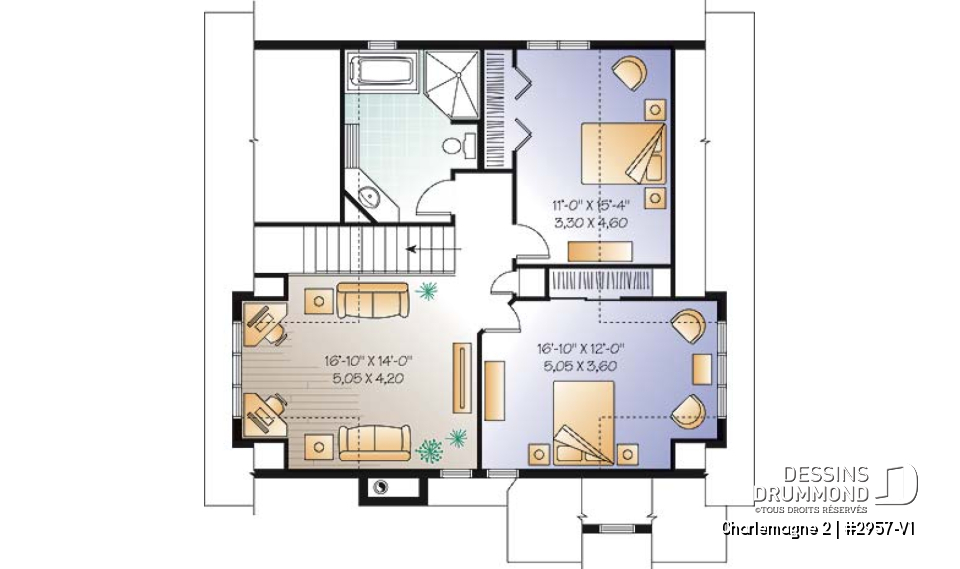 Étage - Plan de chalet avec grande terrasse, 3 à 4 chambres, espace ouvert, foyer, style chalet bord de l'eau - Charlemagne 2