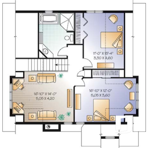 Étage - Plan de chalet avec grande terrasse, 3 à 4 chambres, espace ouvert, foyer, style chalet bord de l'eau - Charlemagne 2