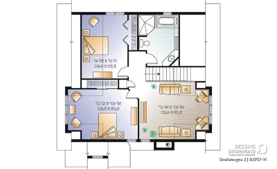 Étage - Plan de chalet avec grande terrasse, 3 à 4 chambres, espace ouvert, foyer, style chalet bord de l'eau - Charlemagne 2