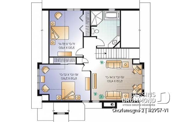 Étage - Plan de chalet avec grande terrasse, 3 à 4 chambres, espace ouvert, foyer, style chalet bord de l'eau - Charlemagne 2