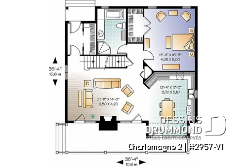 Rez-de-chaussée - Plan de chalet avec grande terrasse, 3 à 4 chambres, espace ouvert, foyer, style chalet bord de l'eau - Charlemagne 2