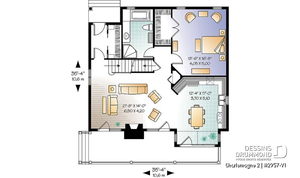 Rez-de-chaussée - Plan de chalet avec grande terrasse, 3 à 4 chambres, espace ouvert, foyer, style chalet bord de l'eau - Charlemagne 2