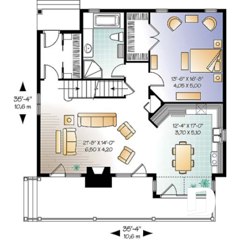 Rez-de-chaussée - Plan de chalet avec grande terrasse, 3 à 4 chambres, espace ouvert, foyer, style chalet bord de l'eau - Charlemagne 2