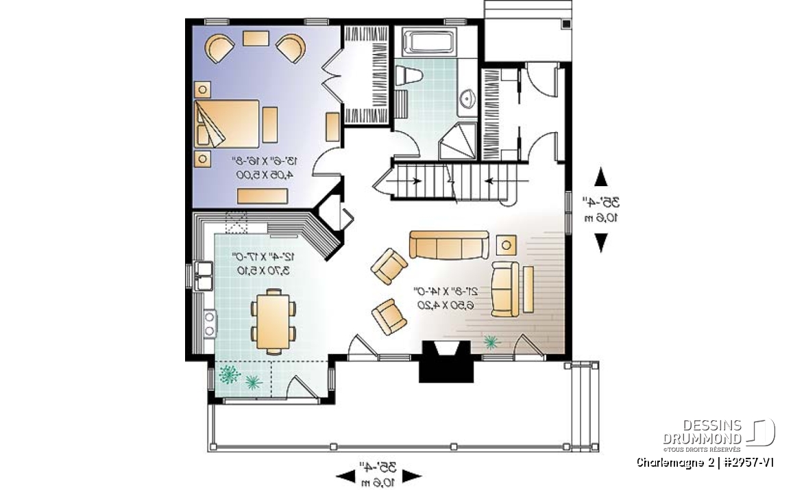 Rez-de-chaussée - Plan de chalet avec grande terrasse, 3 à 4 chambres, espace ouvert, foyer, style chalet bord de l'eau - Charlemagne 2