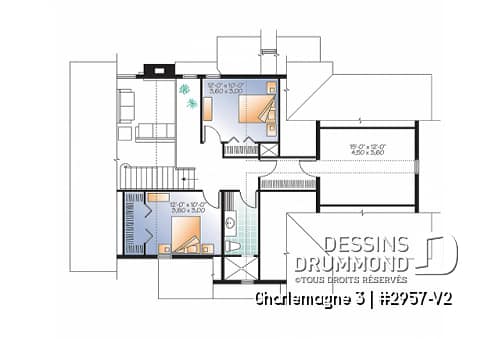 Étage - Plan de maison chalet 3 à 4 chambres, chambre parents au premier avec salle de bain privée, foyer - Charlemagne 3