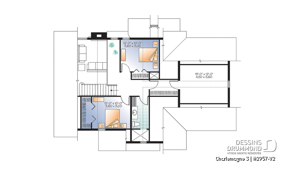 Étage - Plan de maison chalet 3 à 4 chambres, chambre parents au premier avec salle de bain privée, foyer - Charlemagne 3