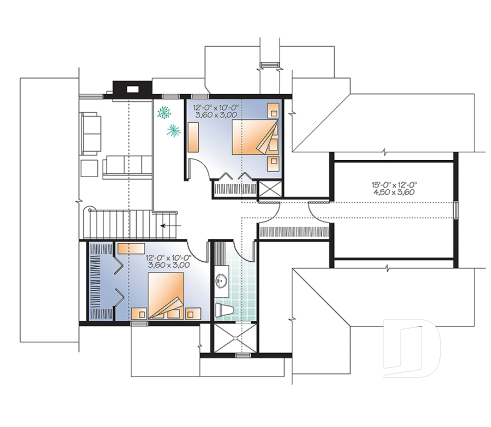 Étage - Plan de maison chalet 3 à 4 chambres, chambre parents au premier avec salle de bain privée, foyer - Charlemagne 3