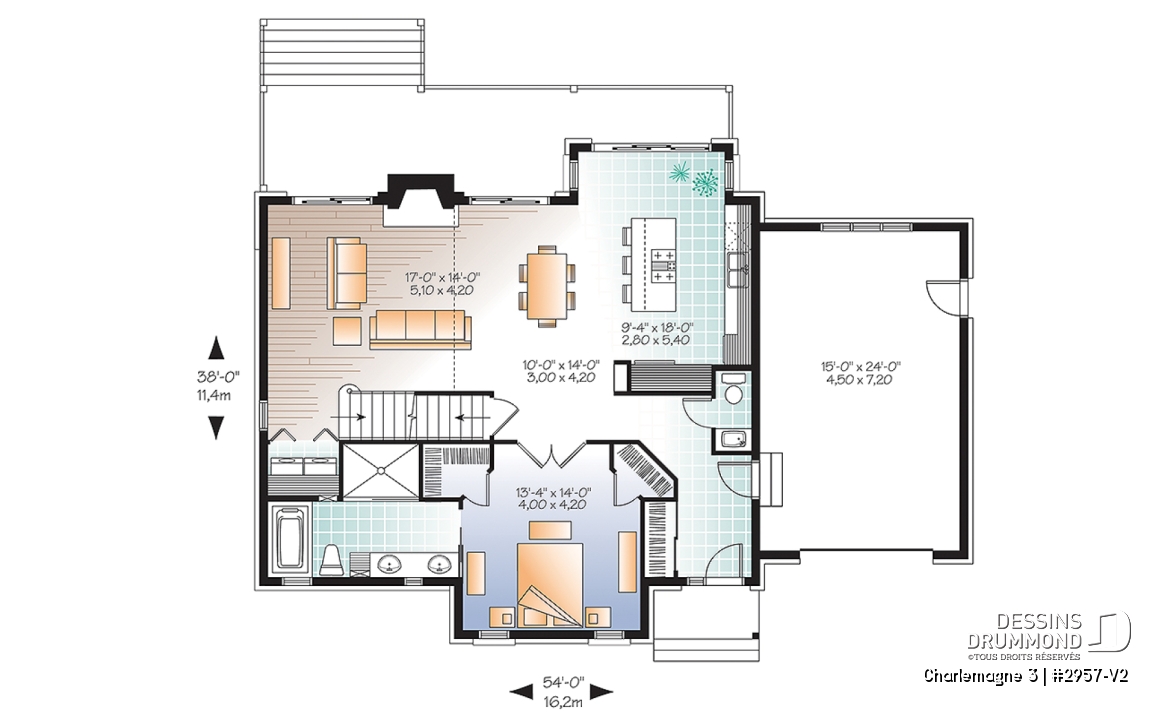 Rez-de-chaussée - Modèle de maison chalet rustique avec garage, aires ouvertes arrière, cathédrale, mezzanine, espace boni - Charlemagne 3