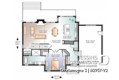 Rez-de-chaussée - Plan de maison chalet 3 à 4 chambres, chambre parents au premier avec salle de bain privée, foyer - Charlemagne 3