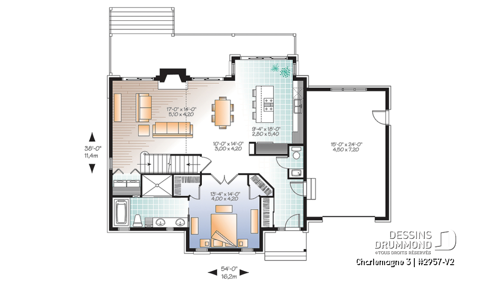 Rez-de-chaussée - Plan de maison chalet 3 à 4 chambres, chambre parents au premier avec salle de bain privée, foyer - Charlemagne 3