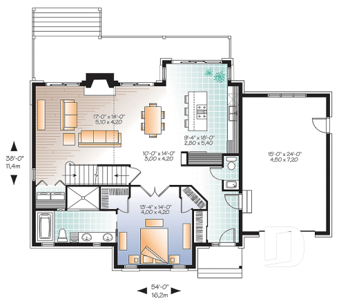 Rez-de-chaussée - Plan de maison chalet 3 à 4 chambres, chambre parents au premier avec salle de bain privée, foyer - Charlemagne 3