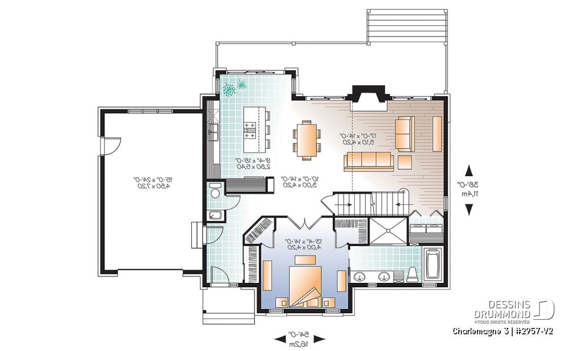 Rez-de-chaussée - Modèle de maison chalet rustique avec garage, aires ouvertes arrière, cathédrale, mezzanine, espace boni - Charlemagne 3