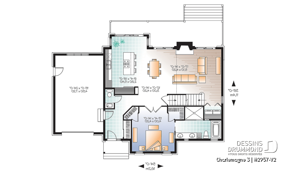 Rez-de-chaussée - Modèle de maison chalet rustique avec garage, aires ouvertes arrière, cathédrale, mezzanine, espace boni - Charlemagne 3