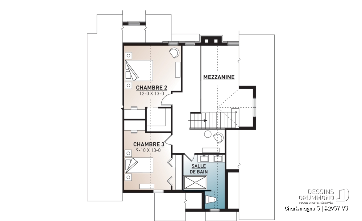 Étage - Plan de maison chalet nordique – 3 chambres, mezzanine et foyer au cœur du salon - Charlemagne 5