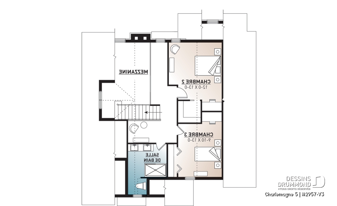 Étage - Plan de maison chalet nordique – 3 chambres, mezzanine et foyer au cœur du salon - Charlemagne 5