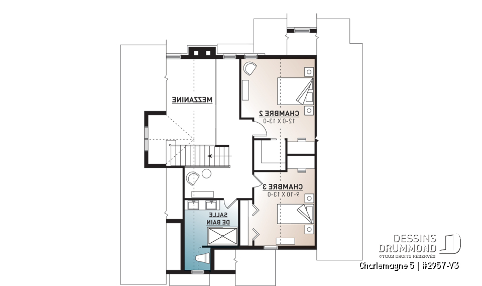 Étage - Plan de maison chalet nordique – 3 chambres, mezzanine et foyer au cœur du salon - Charlemagne 5