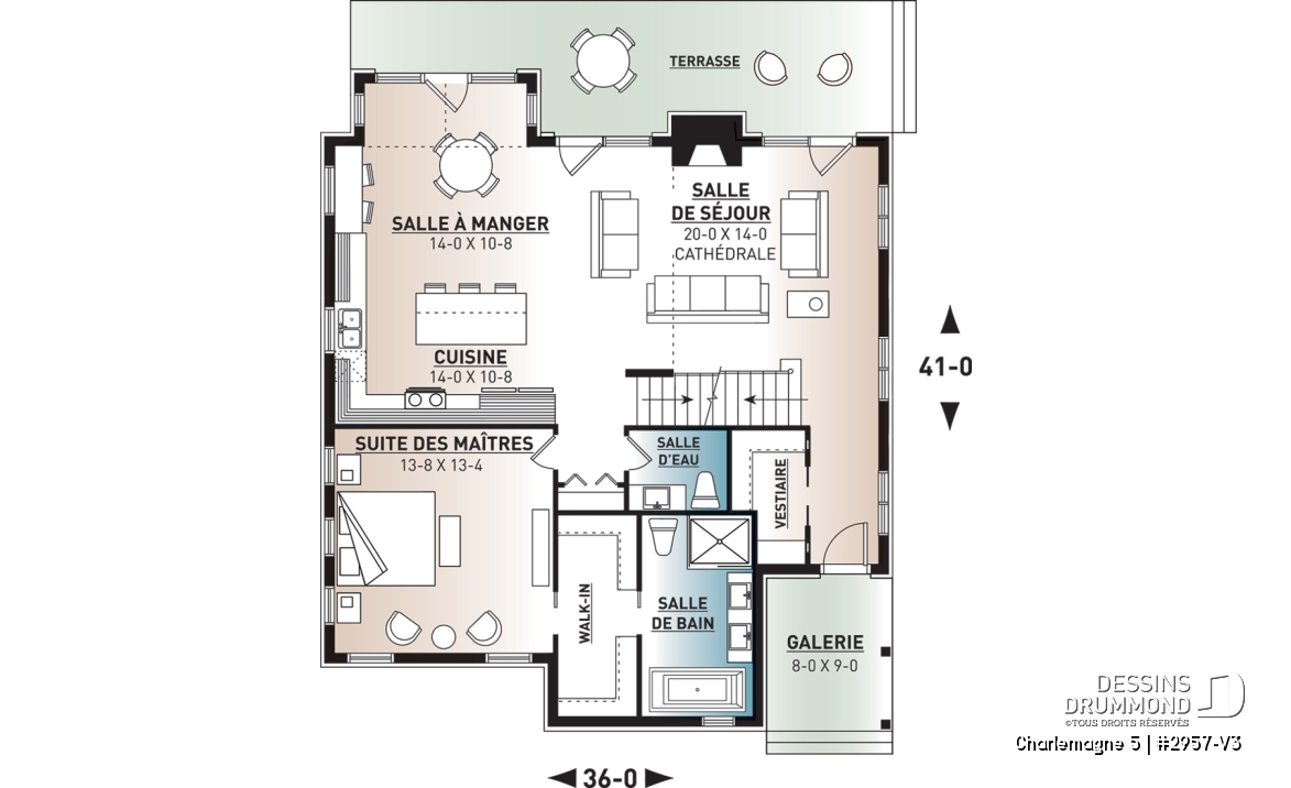 Rez-de-chaussée - Plan de maison chalet nordique – 3 chambres, mezzanine et foyer au cœur du salon - Charlemagne 5