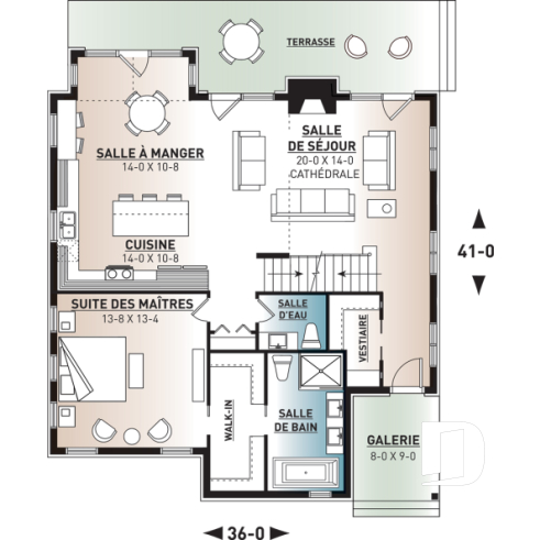 Rez-de-chaussée - Plan de maison chalet nordique – 3 chambres, mezzanine et foyer au cœur du salon - Charlemagne 5