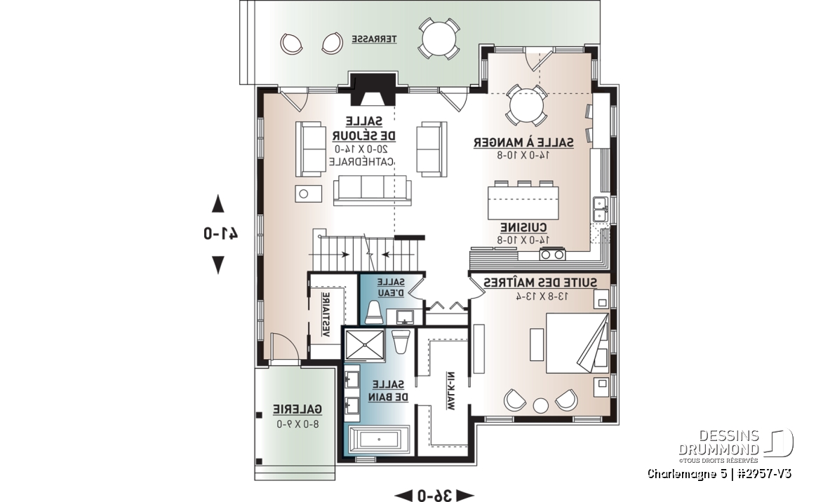 Rez-de-chaussée - Plan de maison chalet nordique – 3 chambres, mezzanine et foyer au cœur du salon - Charlemagne 5