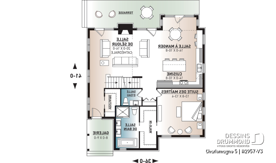 Rez-de-chaussée - Plan de maison chalet nordique – 3 chambres, mezzanine et foyer au cœur du salon - Charlemagne 5