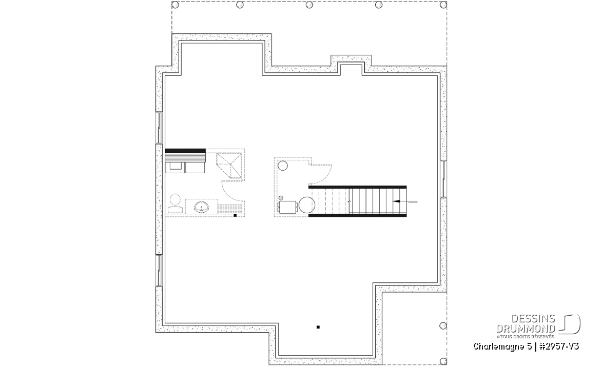 Sous-sol - Plan de maison chalet nordique – 3 chambres, mezzanine et foyer au cœur du salon - Charlemagne 5