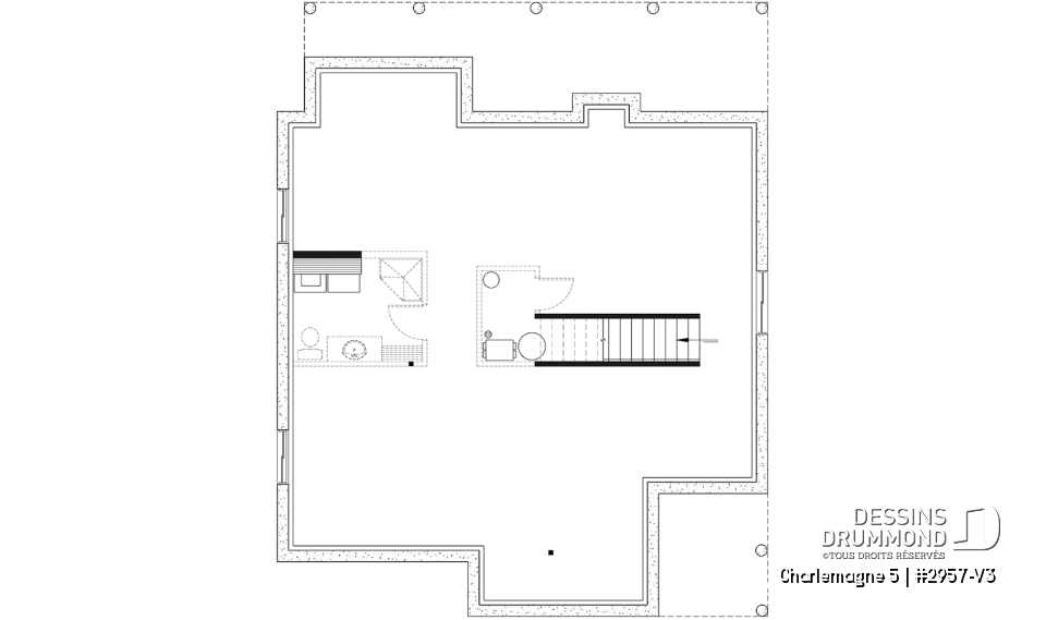 Sous-sol - Plan de maison chalet nordique – 3 chambres, mezzanine et foyer au cœur du salon - Charlemagne 5