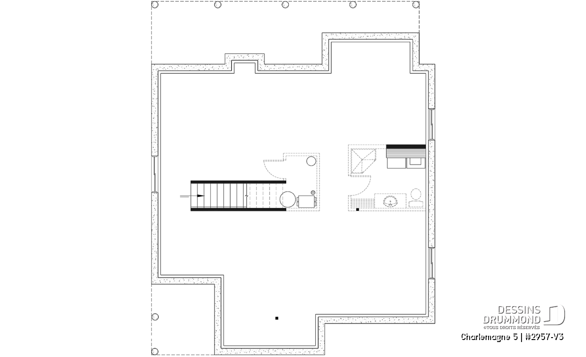 Sous-sol - Plan de maison chalet nordique – 3 chambres, mezzanine et foyer au cœur du salon - Charlemagne 5