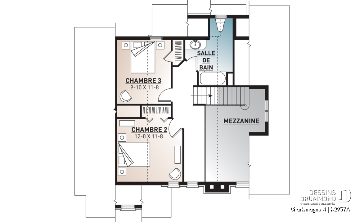 Étage - Plan de chalet rustique, 3 chambres, plafond cathédrale, foyer, grand balcon arrière, mezzanine - Charlemagne 4
