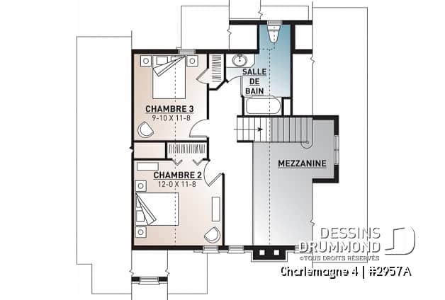 Étage - Plan de chalet rustique, 3 chambres, plafond cathédrale, foyer, grand balcon arrière, mezzanine - Charlemagne 4
