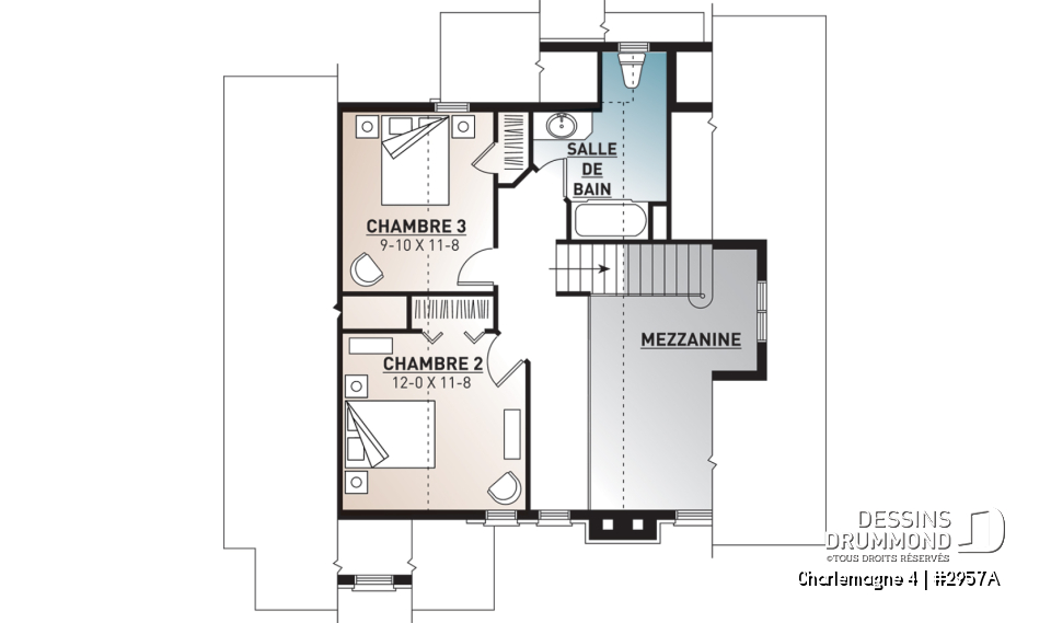 Étage - Plan de chalet rustique, 3 chambres, plafond cathédrale, foyer, grand balcon arrière, mezzanine - Charlemagne 4