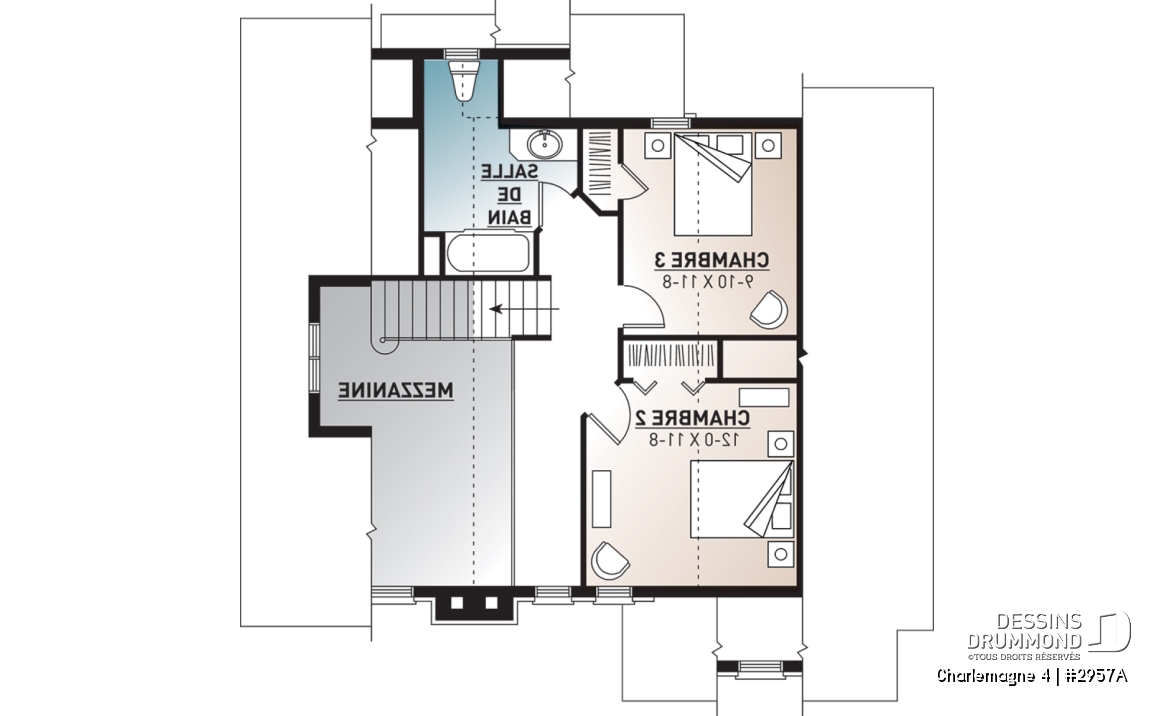 Étage - Plan de chalet rustique, 3 chambres, plafond cathédrale, foyer, grand balcon arrière, mezzanine - Charlemagne 4