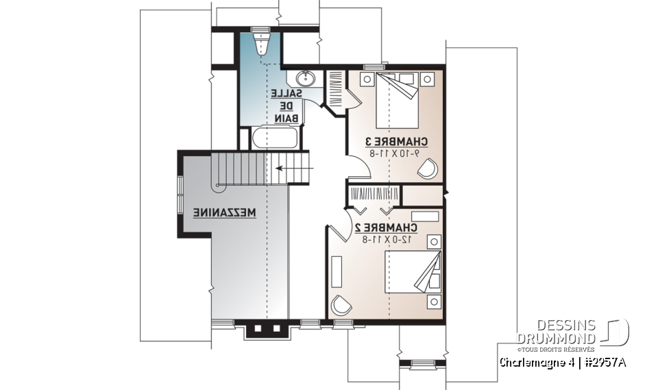 Étage - Plan de chalet rustique, 3 chambres, plafond cathédrale, foyer, grand balcon arrière, mezzanine - Charlemagne 4