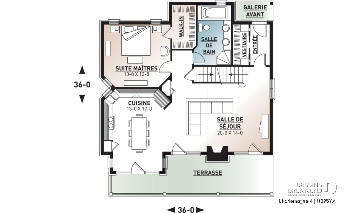 Rez-de-chaussée - Plan de chalet rustique, 3 chambres, plafond cathédrale, foyer, grand balcon arrière, mezzanine - Charlemagne 4