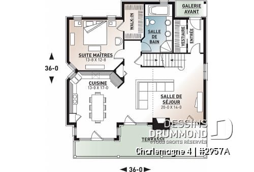 Rez-de-chaussée - Plan de chalet rustique, 3 chambres, plafond cathédrale, foyer, grand balcon arrière, mezzanine - Charlemagne 4