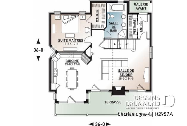 Rez-de-chaussée - Plan de chalet rustique, 3 chambres, plafond cathédrale, foyer, grand balcon arrière, mezzanine - Charlemagne 4