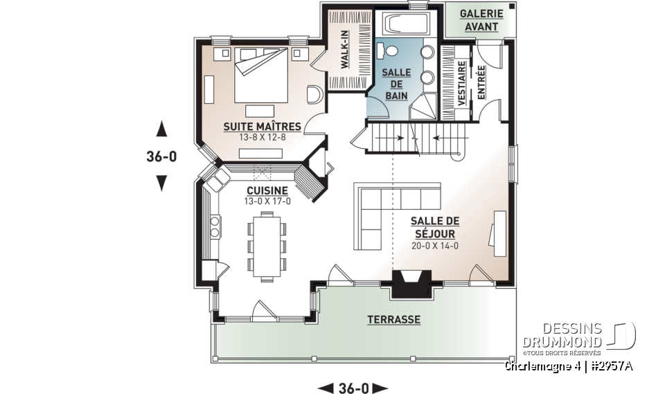 Rez-de-chaussée - Plan de chalet rustique, 3 chambres, plafond cathédrale, foyer, grand balcon arrière, mezzanine - Charlemagne 4