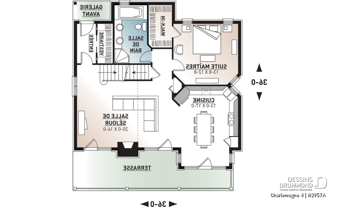Rez-de-chaussée - Plan de chalet rustique, 3 chambres, plafond cathédrale, foyer, grand balcon arrière, mezzanine - Charlemagne 4