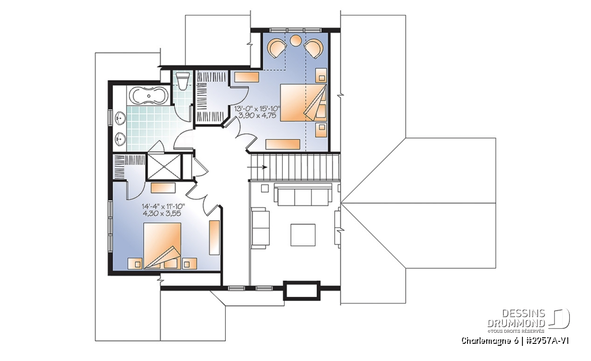 Étage - Spacieux plan de chalet 2 à 6 chambres, grande buanderie, 2 salons, foyer, 2 balcons dont un abrité - Charlemagne 6