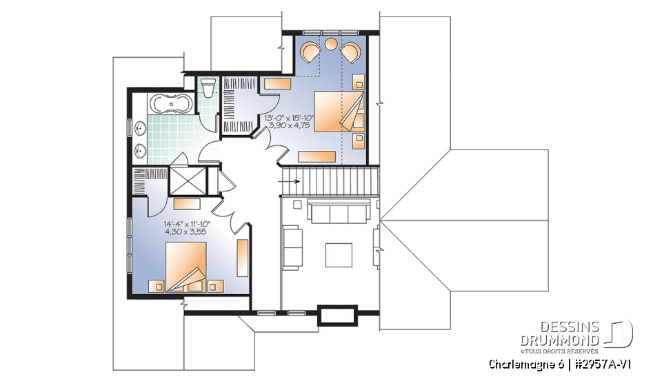Étage - Spacieux plan de chalet 2 à 6 chambres, grande buanderie, 2 salons, foyer, 2 balcons dont un abrité - Charlemagne 6