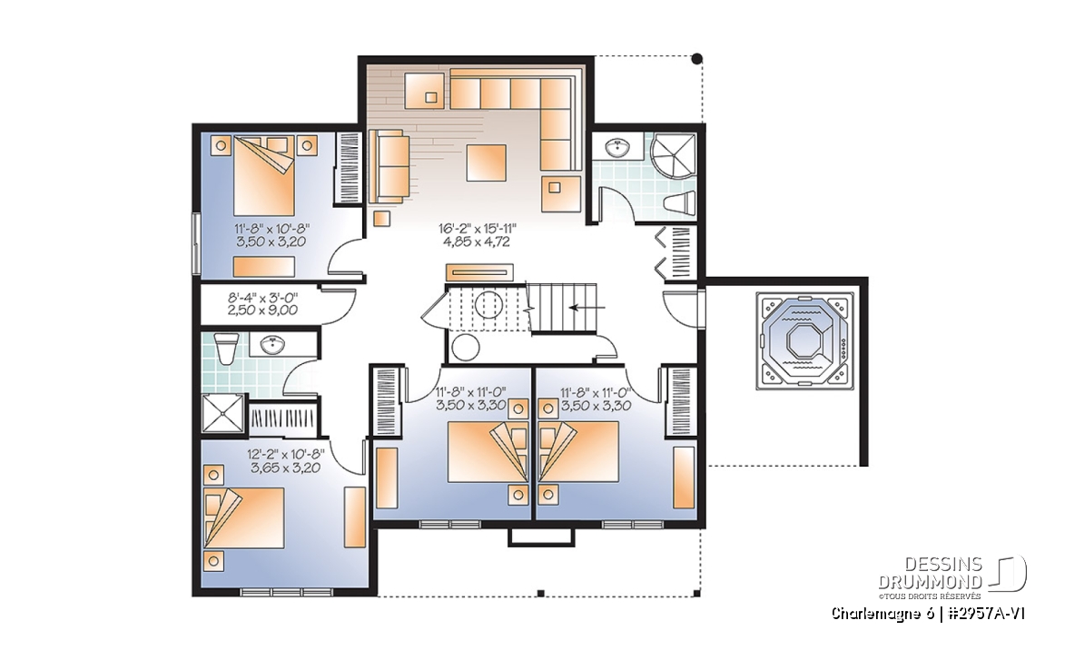 Sous-sol - Spacieux plan de chalet 2 à 6 chambres, grande buanderie, 2 salons, foyer, 2 balcons dont un abrité - Charlemagne 6