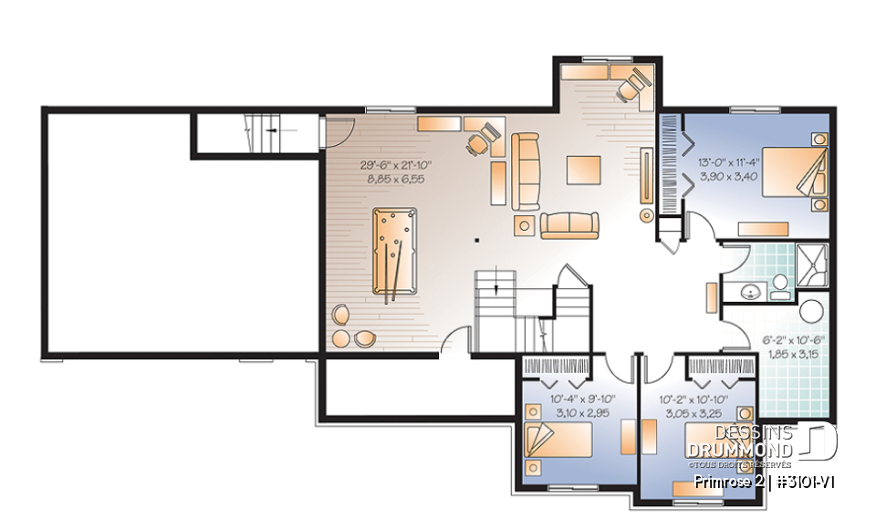 Sous-sol aménagé (Optionel $) - Plan de plain-pied 6 chambres dont 3 au rdc., garage double, coin ordinateur, 2 séjours, superbe aménagement - Primrose 2