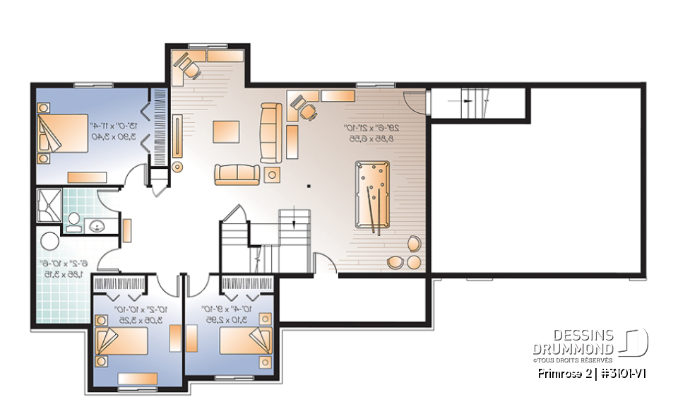 Sous-sol aménagé (Optionel $) - Plan de plain-pied 6 chambres dont 3 au rdc., garage double, coin ordinateur, 2 séjours, superbe aménagement - Primrose 2