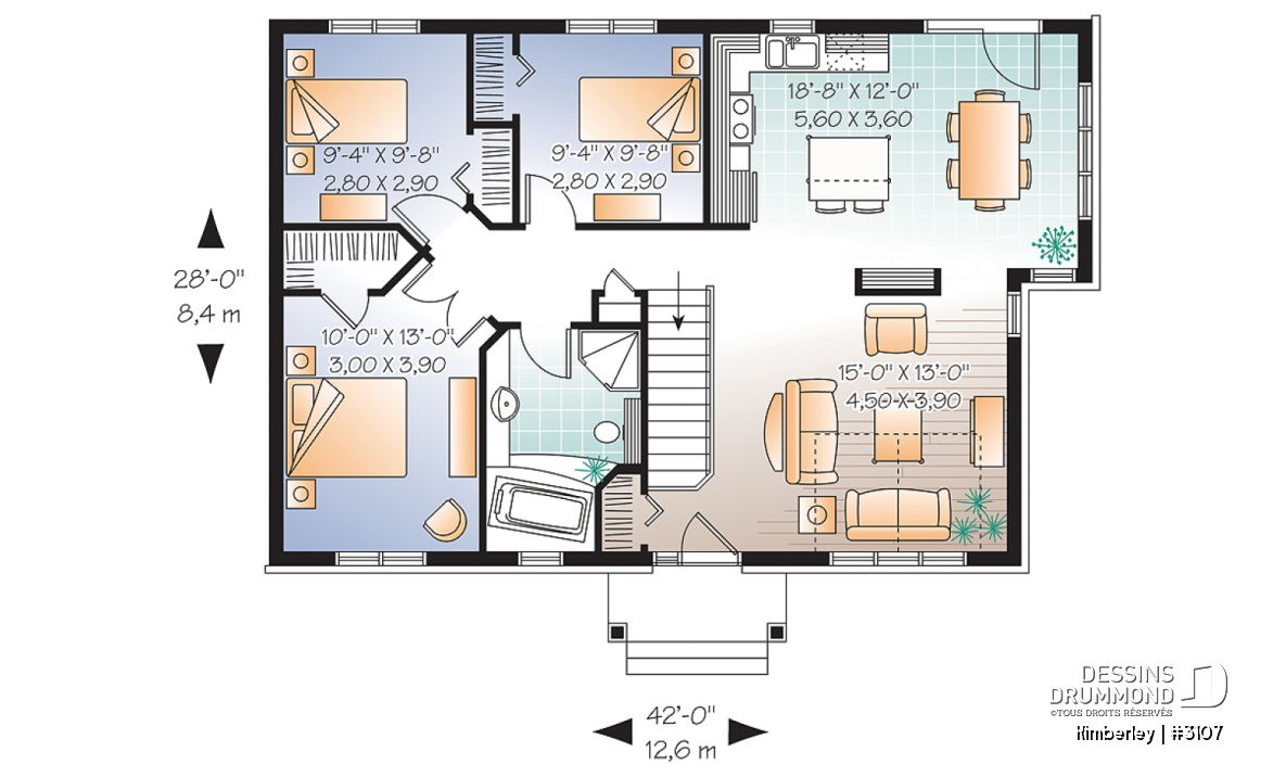 Rez-de-chaussée - Plan de plain-pied 3 chambres, champêtre et très économique, beaucoup de fenêtres, îlot à la cuisine - Kimberley