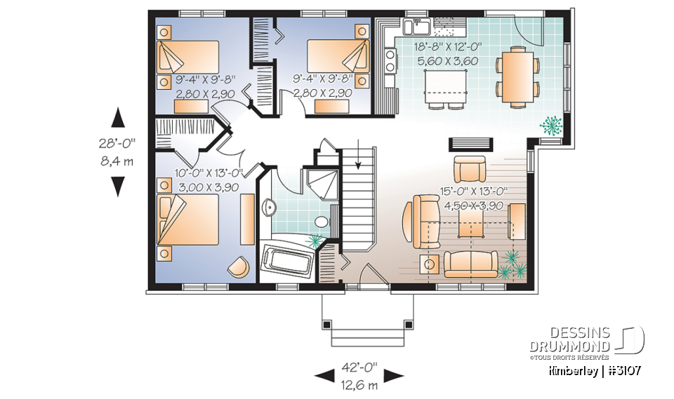 Rez-de-chaussée - Plan de plain-pied 3 chambres, champêtre et très économique, beaucoup de fenêtres, îlot à la cuisine - Kimberley